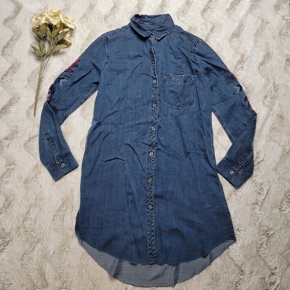 Rails Dark Denim Style Button Up Blouse Dress‎ With Embroidered Stitch Blue XS